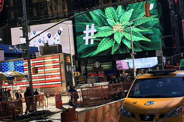An electronic billboard displays a marijuana hashtag at Times Square in New York, November 7, 2016. Photo by Shannon Stapleton/Reuters