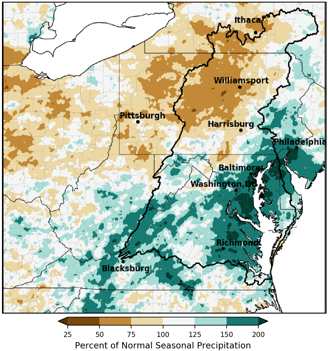 A map of precipitation deviation from norm in the Mid-Atlantic region.