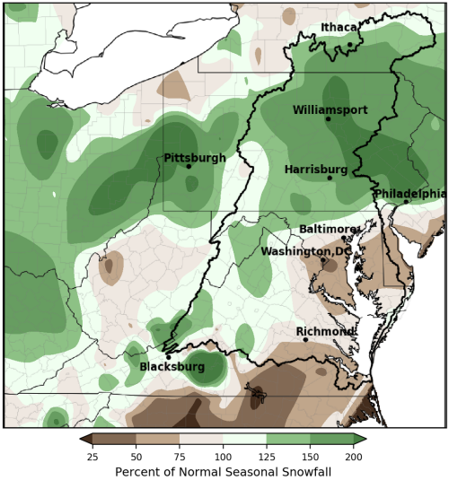 Heat map showing percentage of normal snowfal for the Mid-Atlantic region.