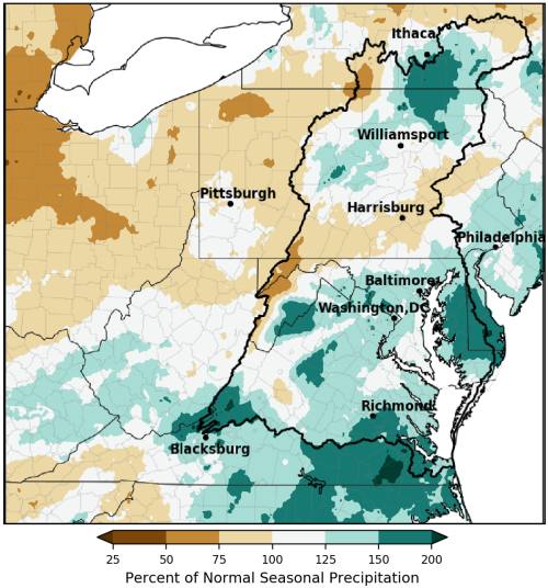 Heat map showing percentage of normal precipitation for the Mid-Atlantic region.