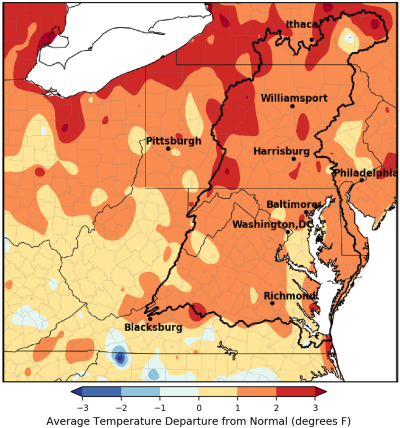 Heat map showing departure from normal temperature (degrees Fahrenheit) in the Mid-Atlantic region.