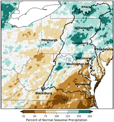 A heat map showing departure from normal precipitation for the Mid-Atlantic region for Summer 2021. Source: Northeast Regional Climate Center, 2021