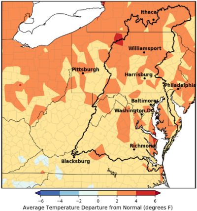 Heat map showing departure from normal temperature (degrees Fahrenheit) in the Mid-Atlantic region.