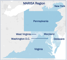 A map of the Mid-Atlantic regional highlighting the Chesapeake Bay watershed.
