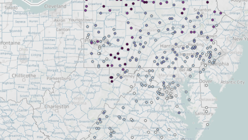 Screen capture of an interactive tool displaying annual total snowfall inches in the Mid-Atlantic.