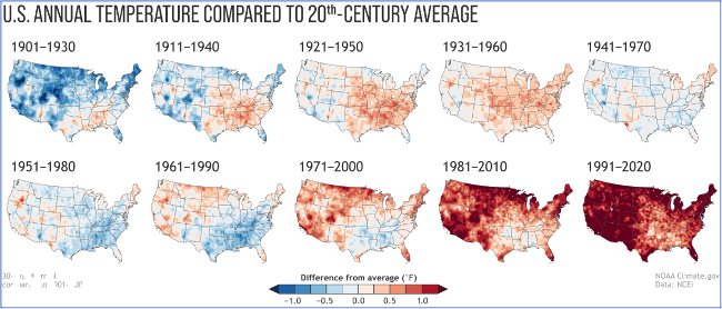Maps showing annual U.S. temperature compared to the 20th-century average for each U.S. Climate Normals period from 1091-1930 to 1991-2020.