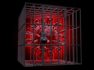 Red coronavirus cell locked in metal cage, illustration by grandeduc/Adobe Stock