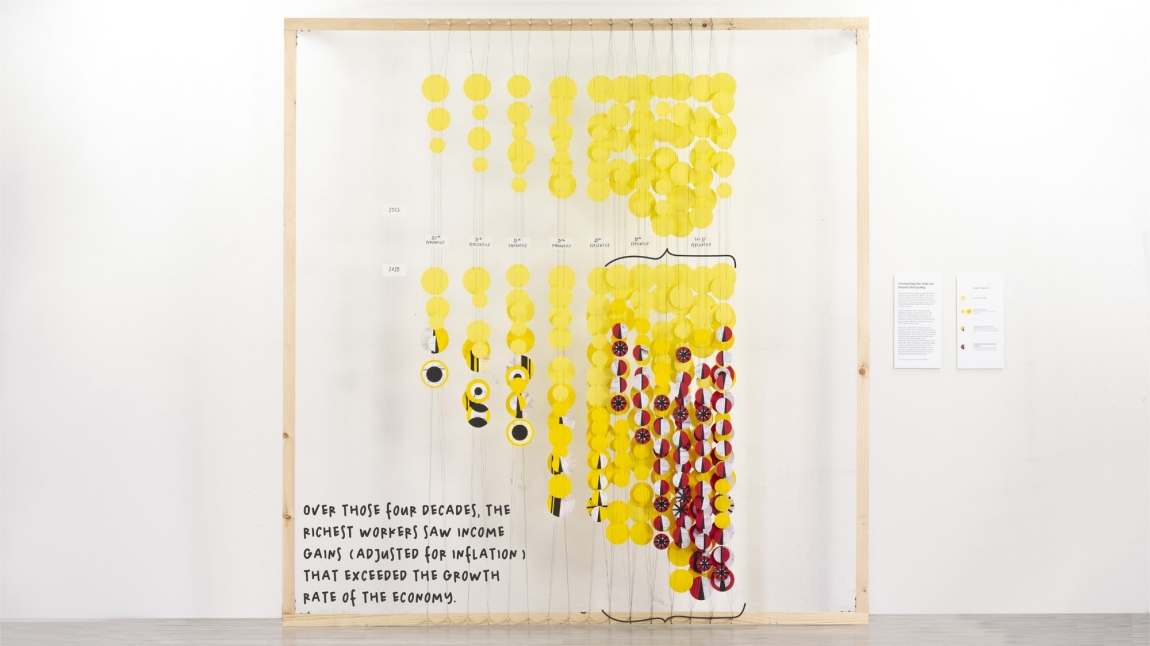 An art installation showing income inequality in the United States from 1975 to 2018, artwork by Giorgia Lupi