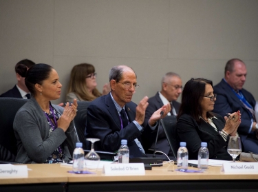 Soledad O'Brien, Michael Gould, and others at the joint RAND Board of Trustees and Pardee RAND Board of Governors meeting in November 2019, photo by Diane Baldwin/RAND Corporation