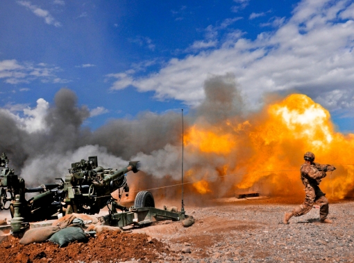 U.S. Army Pfc. Erik Park fires a 155mm howitzer in Paktika province, Afghanistan