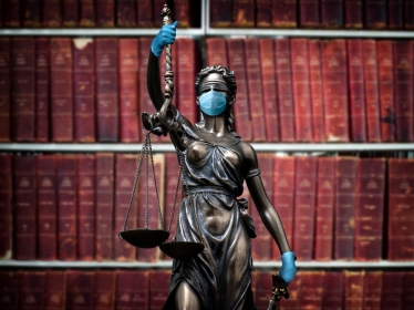 A statue of Themis wearing a face mask and gloves, in front of volumes of law books. Photo by 101cats / Getty Images