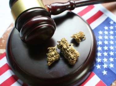 Gavel and marijuana buds on top of small American flag, photo by Darren415/Getty Images