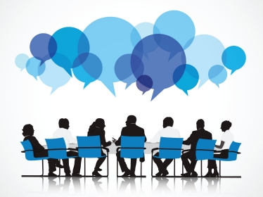 Group of people having a discussion, with word bubbles above their heads, image by rawpixel.com/Adobe Stock