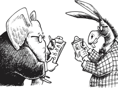 Political cartoon of a Republican elephant and Democrat donkey