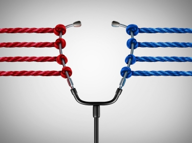 Opposing red and blue ropes pulling on a stethoscope