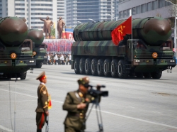 Intercontinental ballistic missiles (ICBM) are driven during a military parade in Pyongyang, North Korea, April 15, 2017