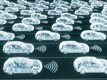 Depiction of self-driving cars in road lanes