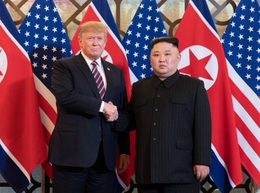 President Donald J. Trump is greeted by Kim Jong Un, Chairman of the State Affairs Commission of the Democratic People’s Republic of Korea Wednesday, Feb. 27, 2019, at the Sofitel Legend Metropole hotel in Hanoi, for their second summit meeting.