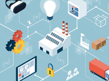 An isometric graphic illustration the supply chain for Internet of Things products.