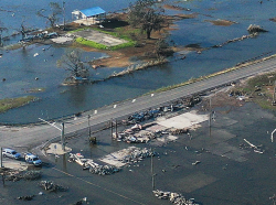 An aerial photo of damage to Louisiana's Gulf Coast caused by Hurricane Delta, photo by E4C/Getty Images