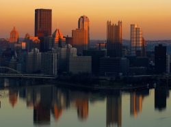 Downtown Pittsburgh, PA at sunset from the Westend overlook