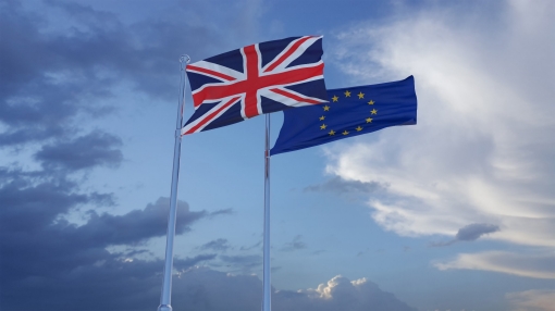 British and European Union flags in a cloudy sky