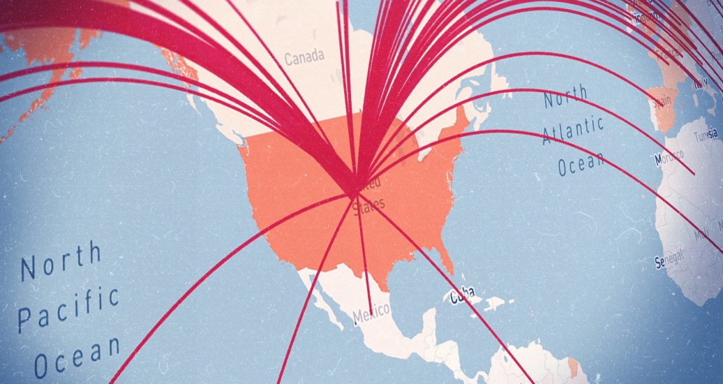 A map of the continental United States is shown with lines representing COVID-19 importation risk