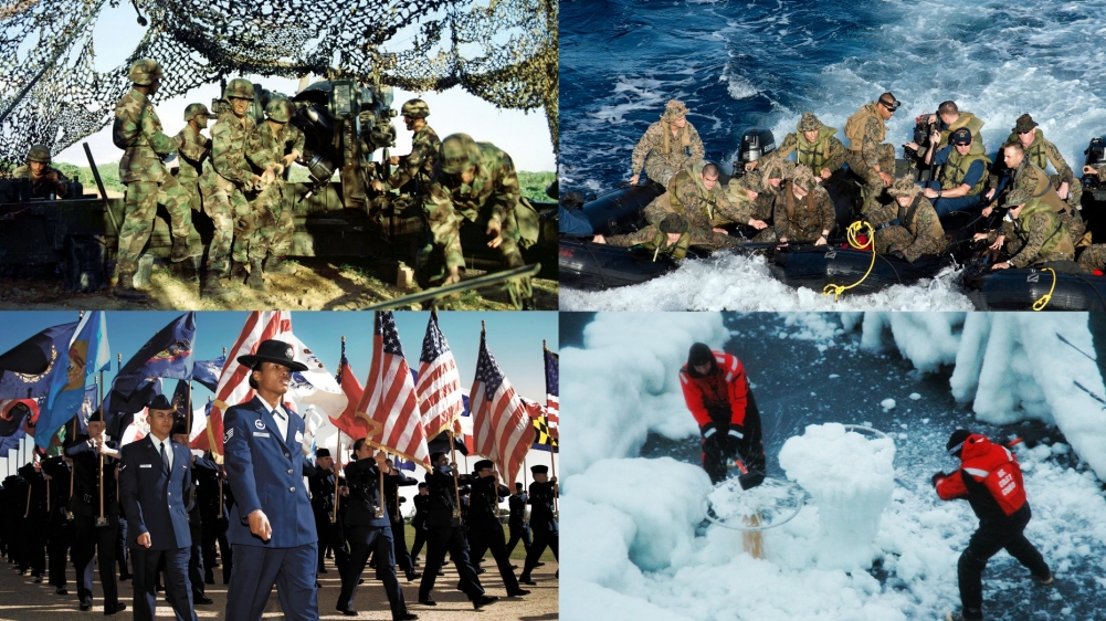 Composite image of soldiers, sailors, airmen, and Coast Guard personnel