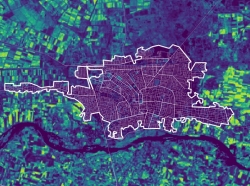 A color-coded image showing the Normalized Difference Vegetation Index (NDVI) measured around Raqqah, Syria, including the city's border