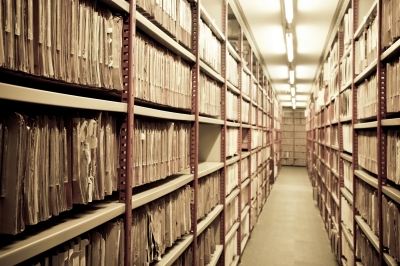 Shelves of files in a library