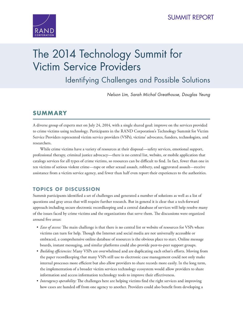 The 2014 Technology Summit For Victim Service Providers Identifying Challenges And Possible