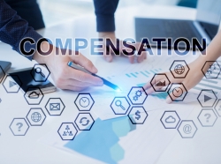 A composite image of business people meeting around a table and symbols representing concepts related to compensation.