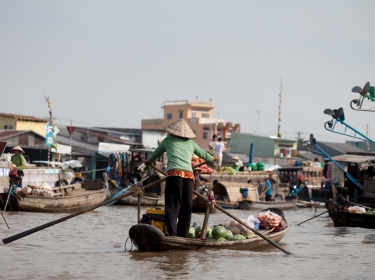Vietnamese woman paddling a boat