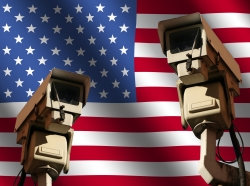 two CCTV cameras and American flag illustration