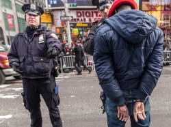 A man is hand-cuffed by the New York Police Department before New Year's Eve celebrations in Times Square