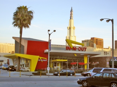 The famous In-N-Out Burger at the corner of Gayley and Le Conte in Westwood, Los Angeles near the UCLA campus, designed by Kanner Architects