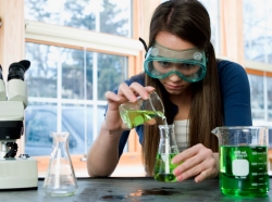 chemistry student pouring green liquid