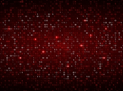 Tech binary code dark red background, photo by WhataWin/AdobeStock