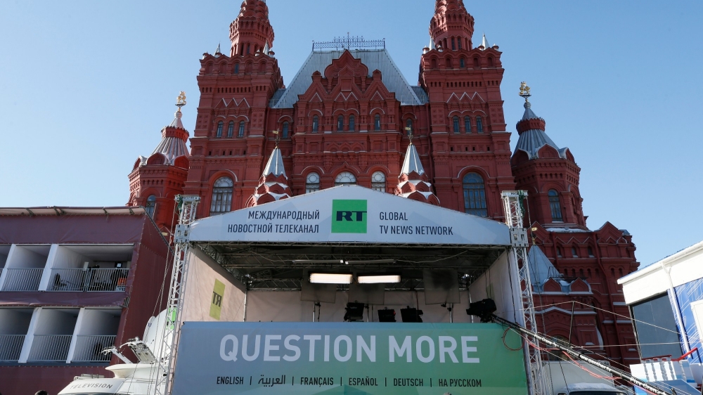 The logo of state-controlled broadcaster Russia Today (RT) is seen in front of the State Historical Museum at Red Square in central Moscow, March 18, 2018, photo by Gleb Garanich/Reuters