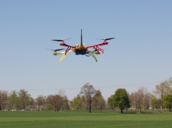 A quadrocopter being flown over a field