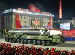 North Korea displays what appears to be its largest intercontinental ballistic missile during a parade to mark the 75th anniversary of the founding of its ruling Workers' Party, October 10, 2020, photo by KCNA