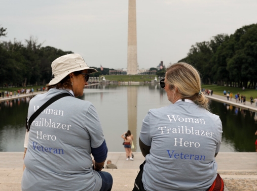 Two Honor Flight Kentucky Veterans at the Lincoln Memorial Reflecting Pool in Washington, D.C., June 11, 2022