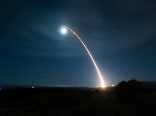 The launch of an unarmed Minuteman III intercontinental ballistic missile during a test at Vandenberg Air Force Base, February 5, 2020