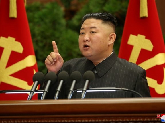 North Korean leader Kim Jong Un speaks during a Report on Enlarged Meeting of the 2nd Political Bureau of the 8th Central Committee of the Workers' Party of Korea, in Pyongyang, North Korea, in this image released July 5, 2021, photo by KCNA via Reuters