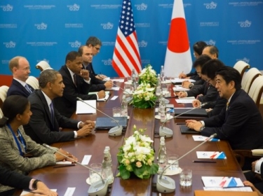 President Barack Obama, left, and Japan's Prime Minister Shinzo Abe, right, during their bilateral meeting at the G20 Summit in St. Petersburg, Russia, Sept. 5, 2013