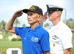 World War II veteran Manuel Diaz and Joint Region Marianas Command Master Chief Paul Kingsbury at a ceremony commemorating the 69th anniversary of the Battle of Midway