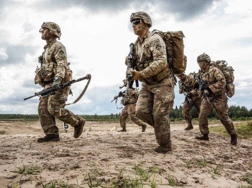 Riflemen with Chosen Co., 1st Battalion, 66th Armor Regiment, 3rd Armored Brigade Combat Team, 4th Infantry Division, compete in the Lithuanian Best Infantry Squad Competition at Rukla Training Area, Lithuania, Aug. 24, 2017.