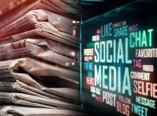 Newspapers and social media terms in LED display, photo by artisteer/Getty Images and phive2015/Adobe Stock