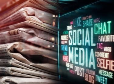 Newspapers and social media terms in LED display, photos by artisteer/Getty Images and phive2015/Adobe Stock
