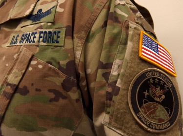 A military camouflage uniform bearing a U.S. Space Force nametape and U.S. Space Command shoulder patch, January 17, 2020, photo by U.S. Space Force/Handout via Reuters